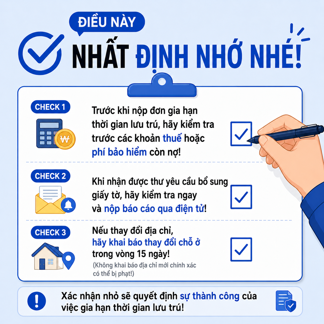 Checklist nhất định phải nhớ — kiểm tra thuế và phí bảo hiểm còn nợ trước khi nộp đơn gia hạn, kiểm tra thư yêu cầu bổ sung và đăng ký thông báo điện tử, khai báo thay đổi địa chỉ trong vòng 15 ngày