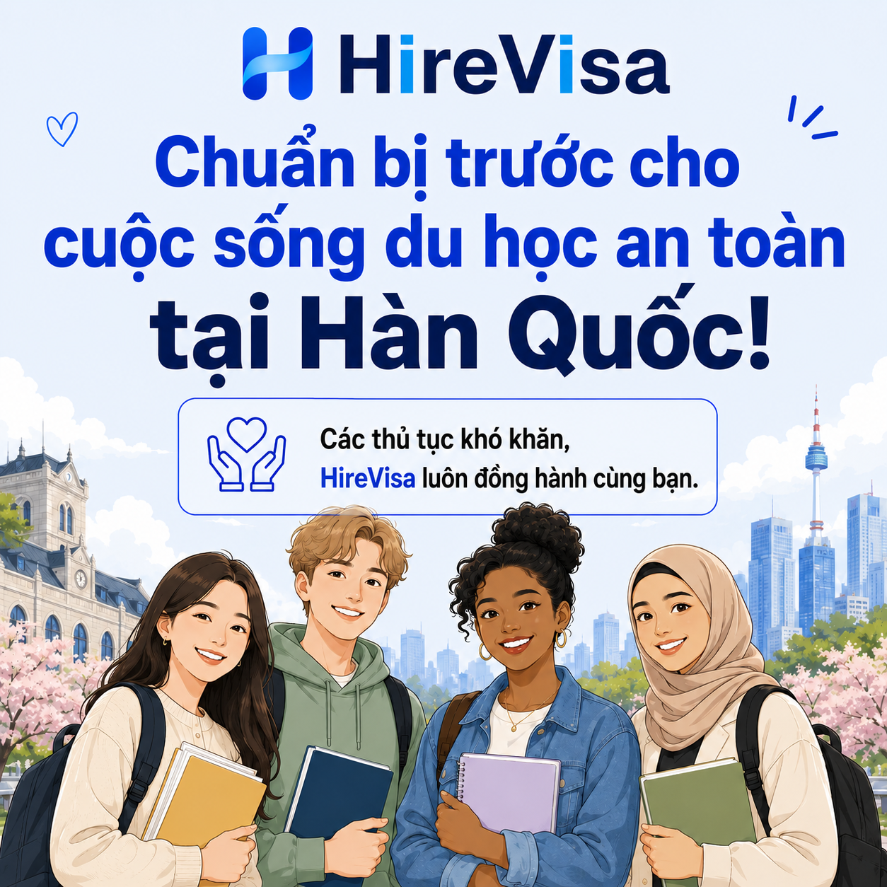 HireVisa — Chuẩn bị trước cho cuộc sống du học an toàn tại Hàn Quốc! HireVisa luôn đồng hành cùng bạn trong các thủ tục khó khăn, hình minh họa bốn du học sinh